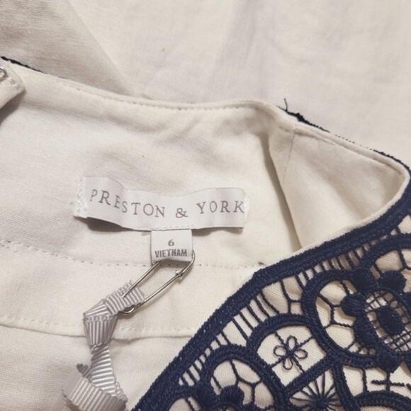 Preston & York Linen Blend Tabitha Embroidery Dress White/Navy Tunic S 6 New - Picture 2 of 7